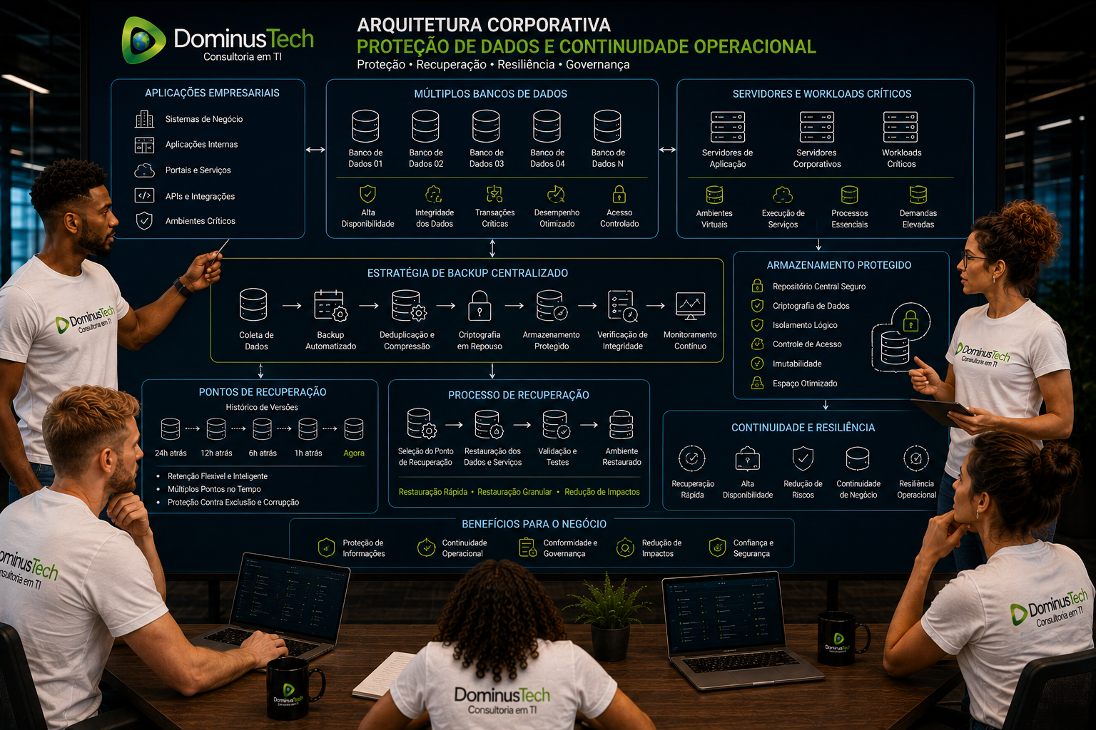 Equipe da Dominus Tech analisando arquitetura corporativa com bancos de dados, aplicações, servidores, backup e pontos de recuperação
