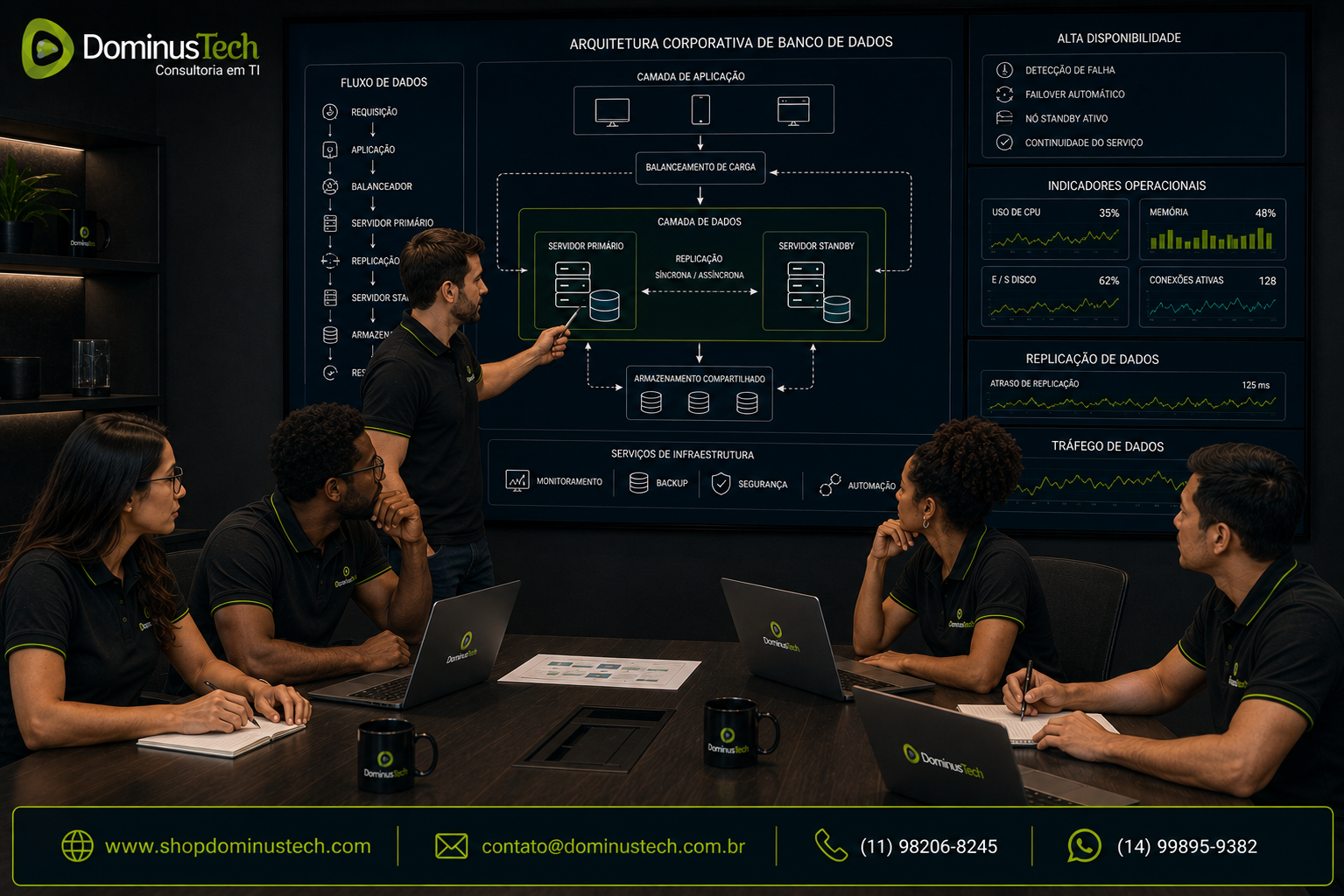 Equipe técnica da Dominus Tech analisando uma arquitetura corporativa de banco de dados em ambiente de tecnologia, com servidores, camada de aplicação, replicação, armazenamento, backup, monitoramento e alta disponibilidade. Consultoria EnterpriseDB