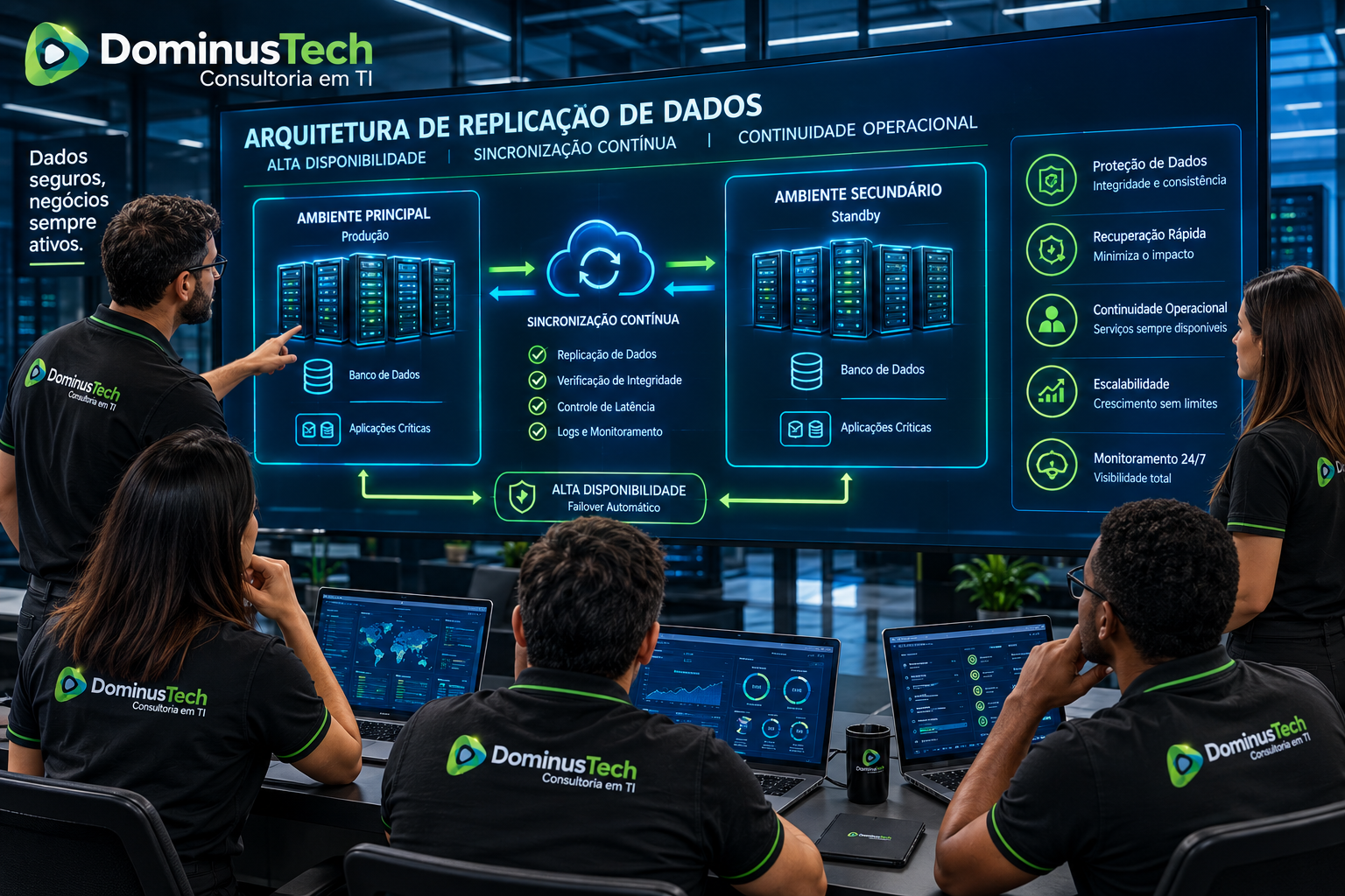 Equipe da Dominus Tech analisando uma arquitetura corporativa de replicação de dados em uma grande tela, com ambiente principal, ambiente secundário e fluxo contínuo de sincronização. Arcserve Replication