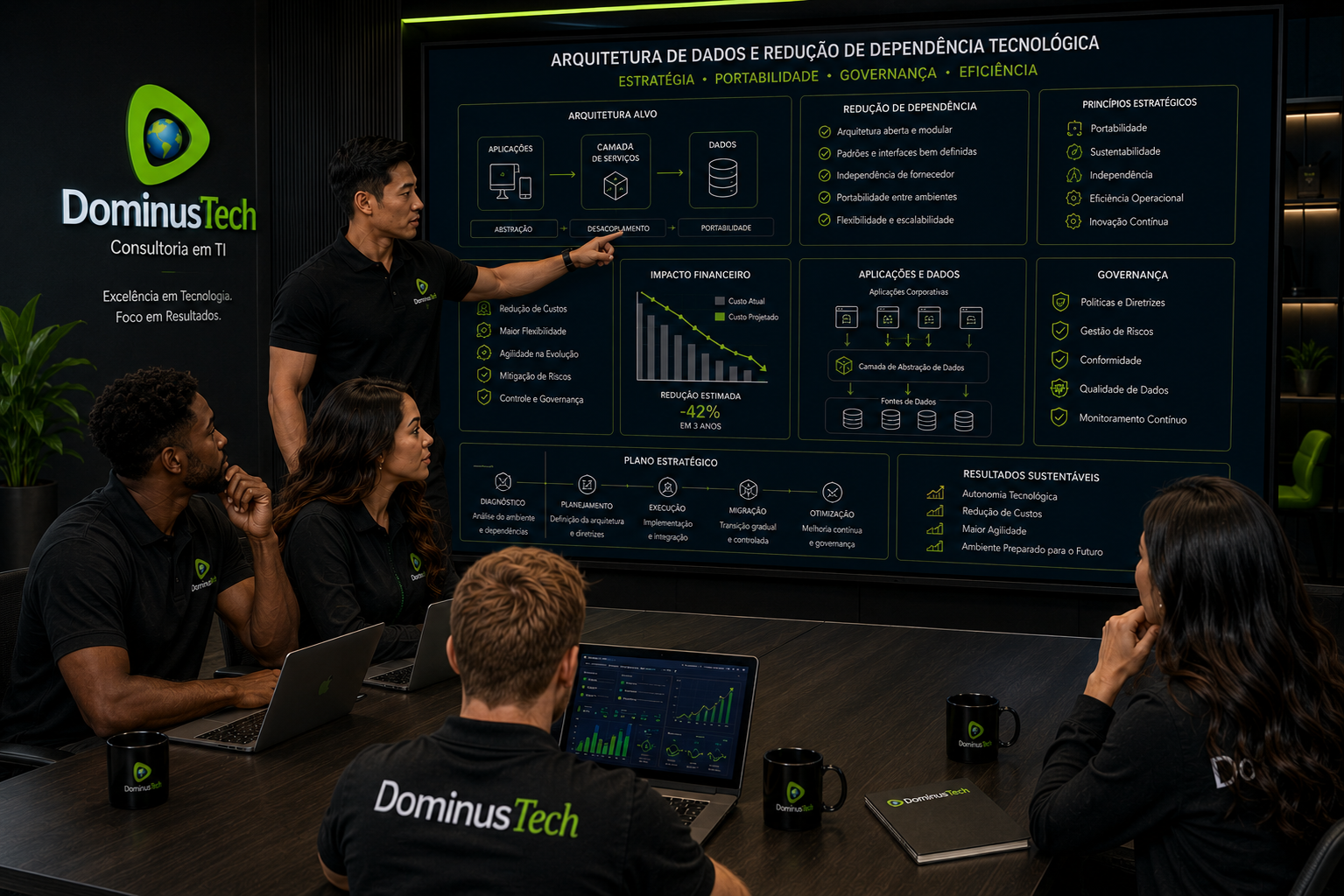 Equipe da Dominus Tech analisando arquitetura corporativa de dados, portabilidade, custos, aplicações e governança para redução de dependência tecnológica.