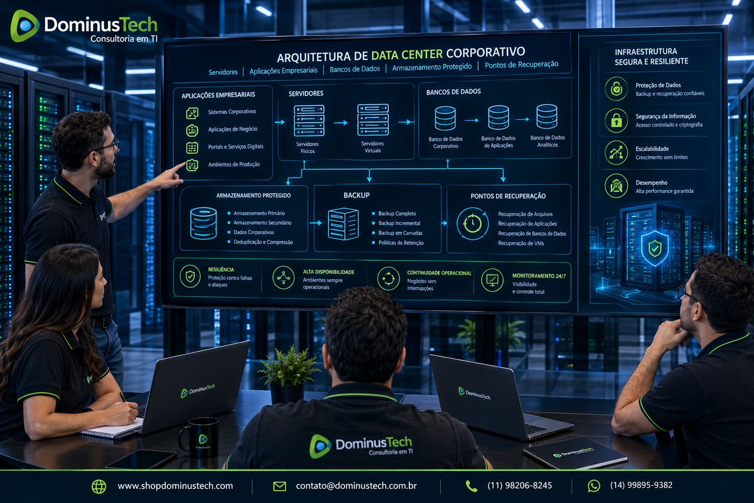 Equipe da Dominus Tech analisando uma arquitetura moderna de data center corporativo com servidores, racks, aplicações empresariais, bancos de dados, armazenamento protegido e pontos de recuperação. Arcserve Backup para Data Centers