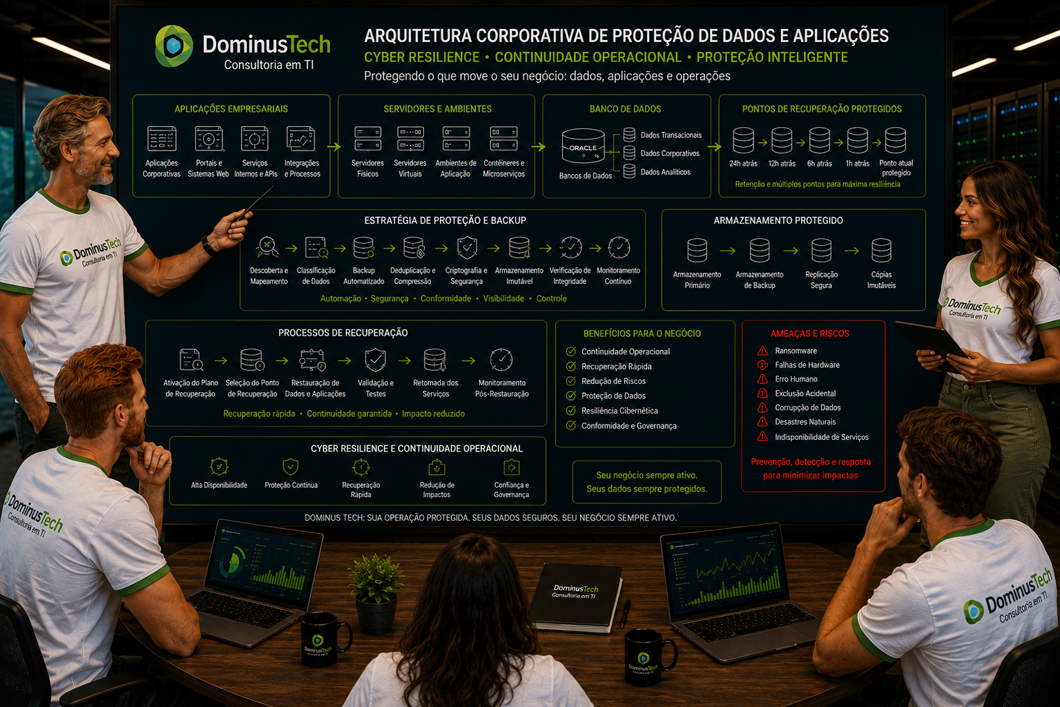 Equipe da Dominus Tech analisando arquitetura corporativa de proteção para bancos de dados e aplicações, com servidores, workloads e pontos de recuperação