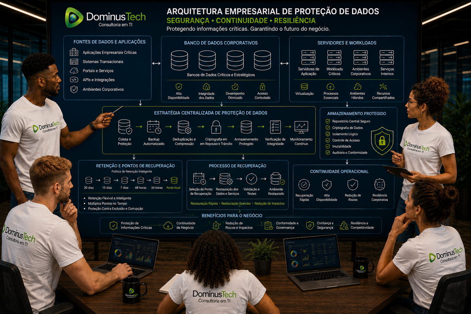 Equipe da Dominus Tech acompanhando arquitetura empresarial de proteção de dados com bancos de dados, aplicações críticas, backup e pontos de recuperação protegidos.