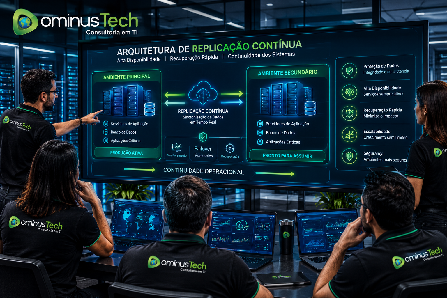 Equipe da Dominus Tech analisando uma arquitetura corporativa de replicação, com servidores principais e secundários conectados por fluxos contínuos de sincronização de dados e continuidade operacional. Arcserve Replication