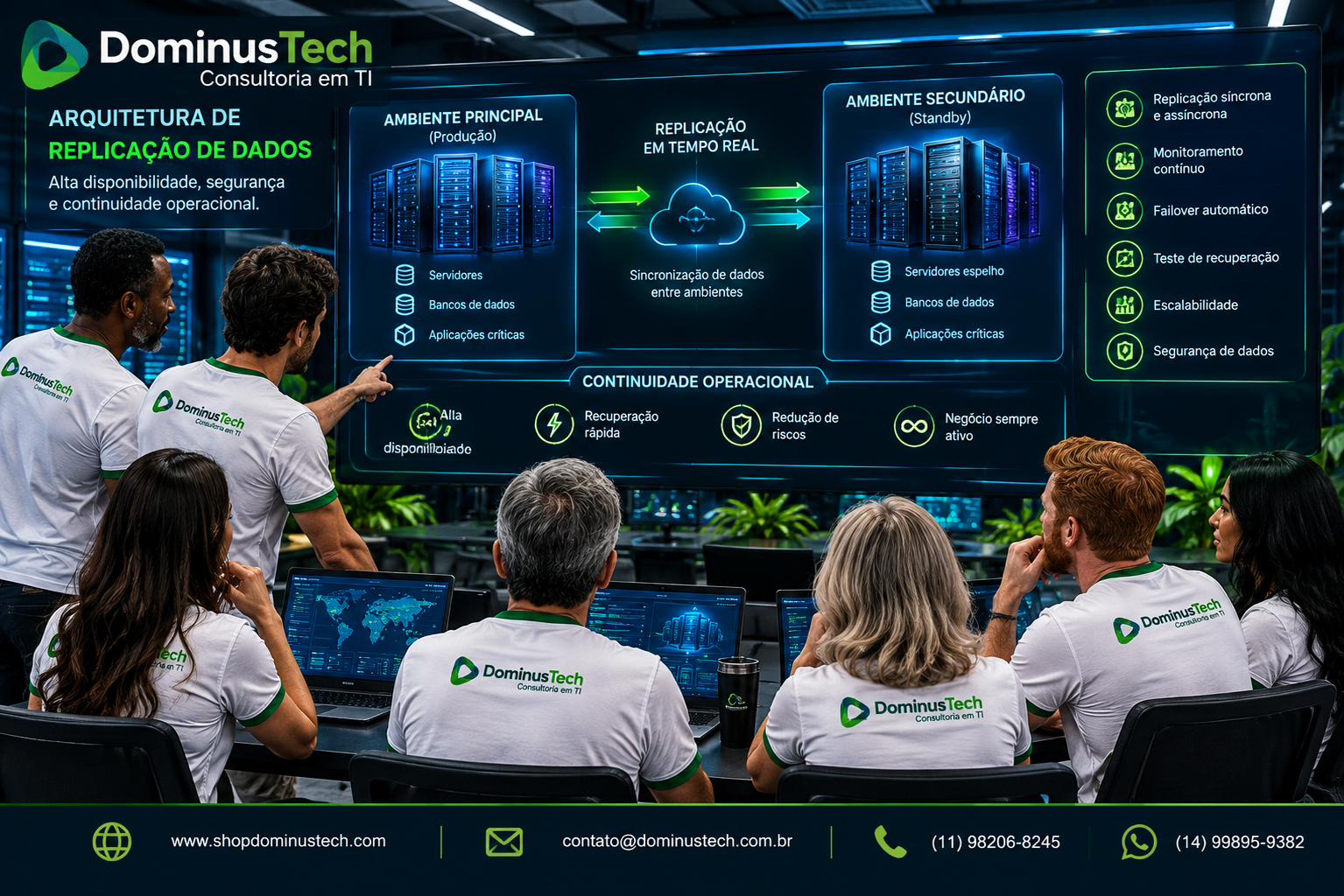 Equipe da Dominus Tech analisando arquitetura corporativa de replicação com servidores principais e secundários, sincronização de dados e continuidade operacional.