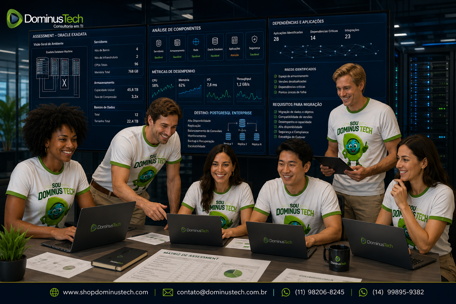 Equipe técnica da Dominus Tech realizando assessment de ambiente Oracle Exadata, analisando servidores, armazenamento, bancos de dados, aplicações, dependências, desempenho e requisitos para migração para PostgreSQL Enterprise.