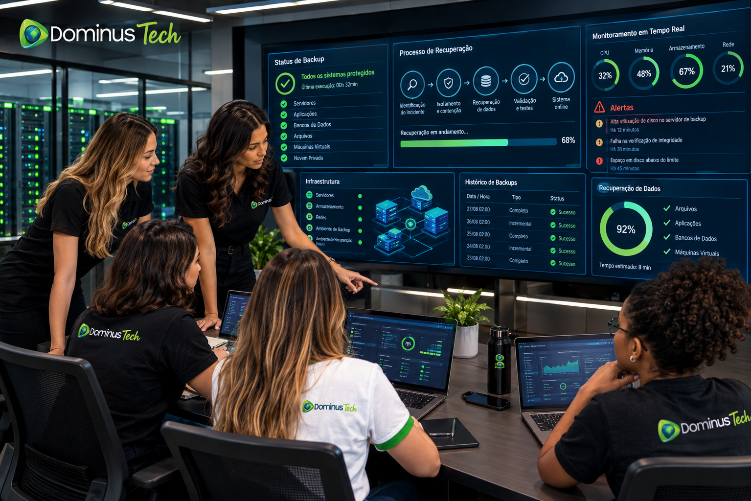 Equipe de profissionais da Dominus Tech analisando backup, recuperação e proteção de dados em um centro tecnológico corporativo.