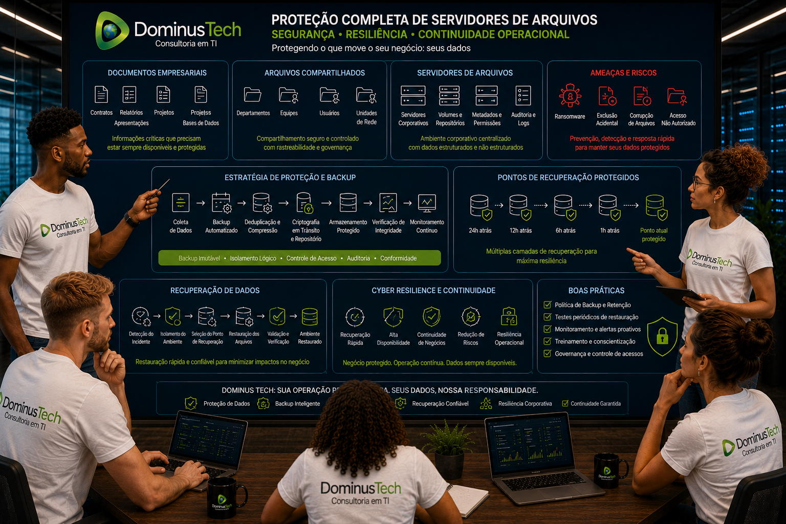 Equipe da Dominus Tech analisando arquitetura corporativa de backup e recuperação de servidores de arquivos, com pontos de recuperação protegidos e foco em resiliência contra ransomware.