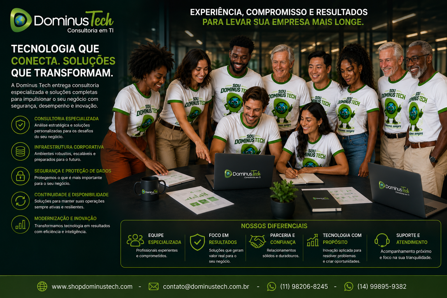 Equipe Dominus Tech reunida em ambiente corporativo, representando consultoria, infraestrutura, segurança, continuidade e modernização de tecnologia.