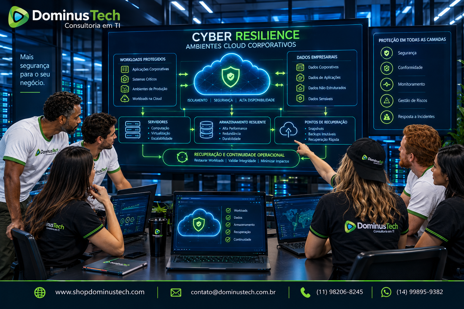 Equipe da Dominus Tech conduzindo estratégia de cyber resilience para ambientes cloud corporativos, com workloads protegidos, dados empresariais, armazenamento resiliente e pontos de recuperação.
