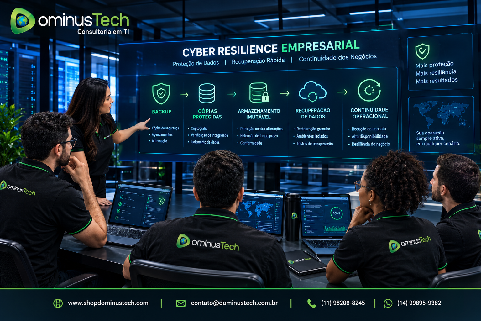 Equipe da Dominus Tech reunida em uma sala tecnológica analisando uma estratégia de cyber resilience com backup, cópias protegidas, armazenamento imutável, recuperação de dados e continuidade operacional.