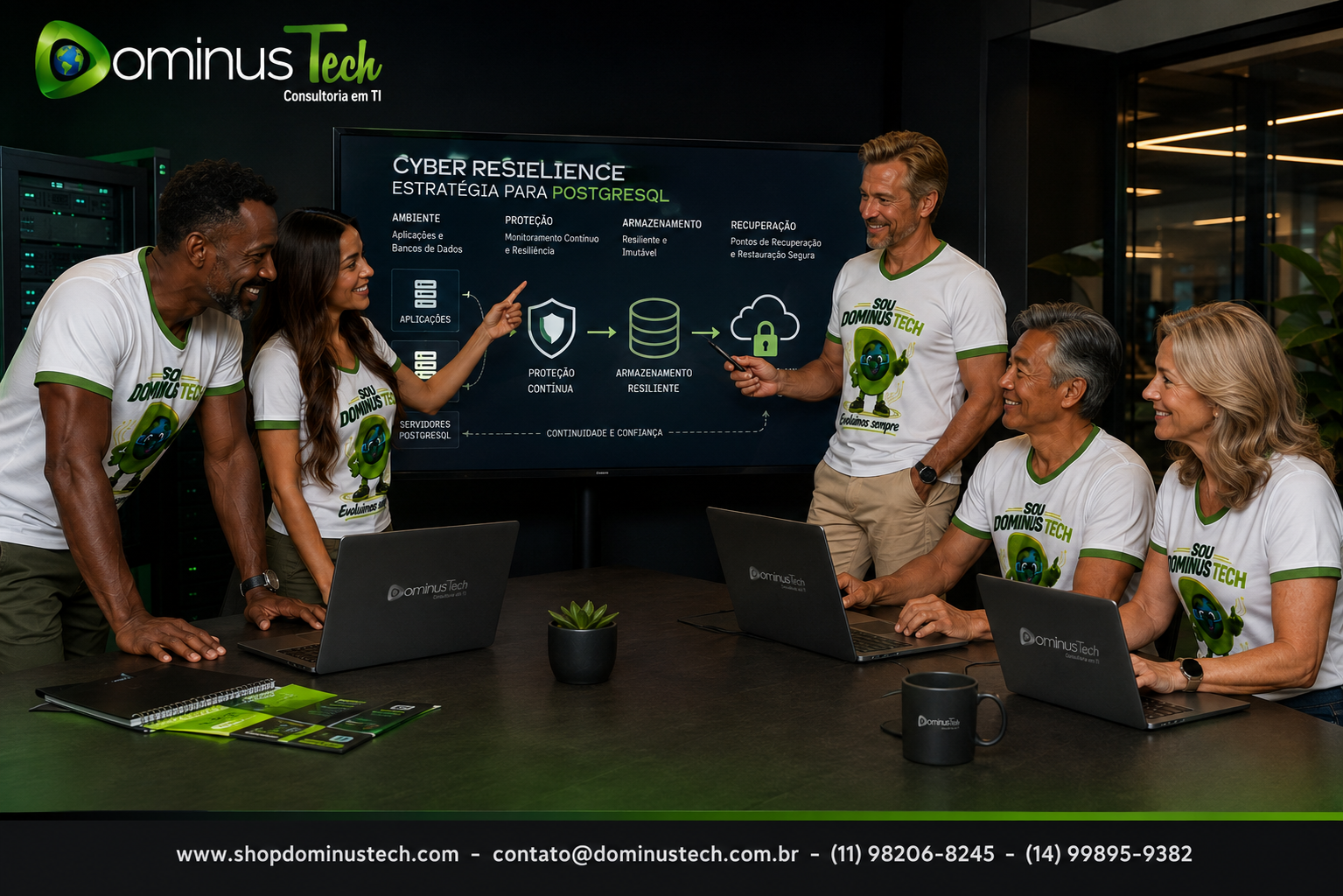 Equipe da Dominus Tech reunida em estratégia de cyber resilience para PostgreSQL, com foco em proteção de servidores, armazenamento resiliente, recuperação segura e continuidade operacional.