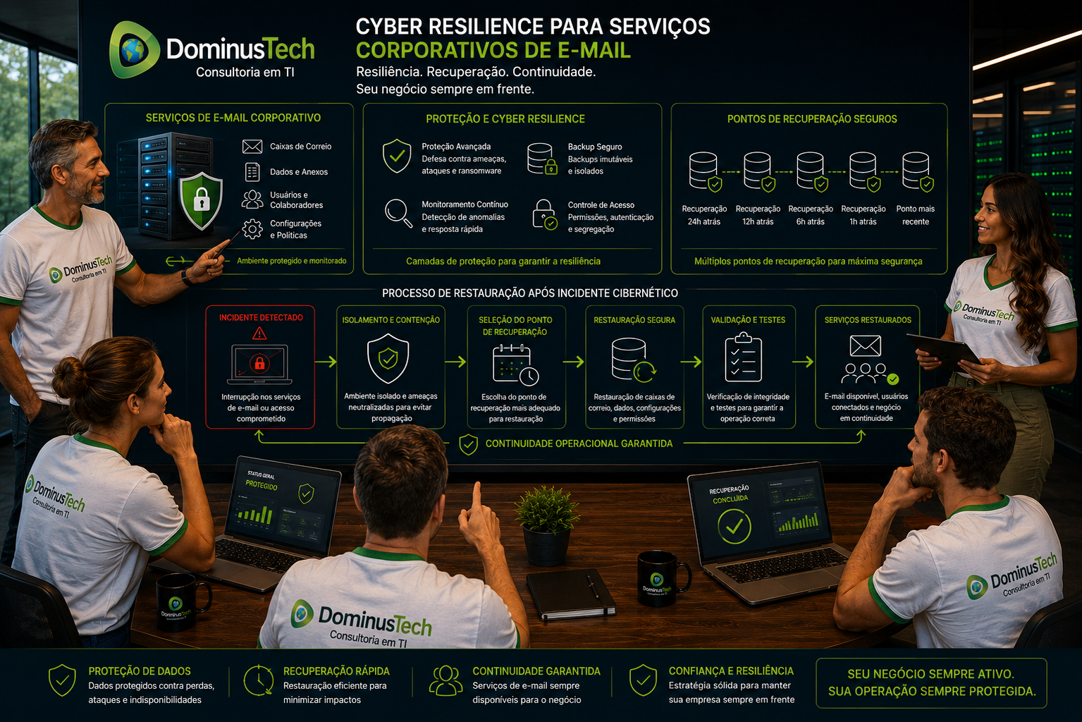 Equipe da Dominus Tech analisando uma estratégia de cyber resilience para serviços corporativos de e-mail, com servidores protegidos, pontos de recuperação e processos de restauração. Arcserve Backup para Exchange Server