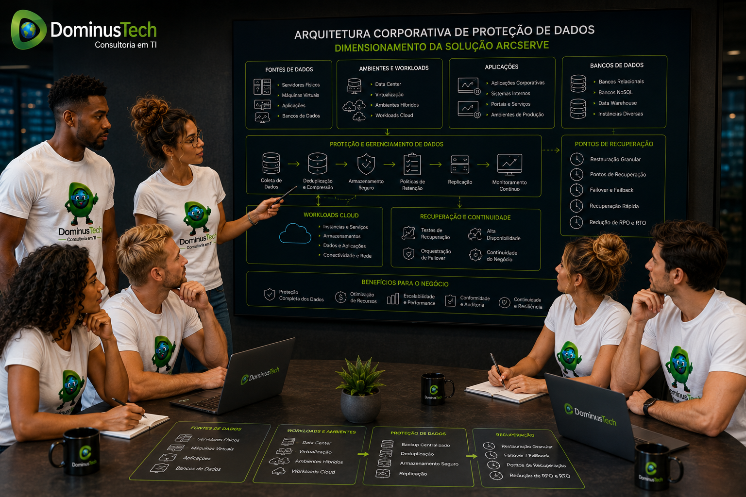 Equipe da Dominus Tech analisando arquitetura corporativa de proteção de dados para dimensionamento de solução Arcserve, com servidores, máquinas virtuais, aplicações, bancos de dados, workloads cloud e pontos de recuperação.