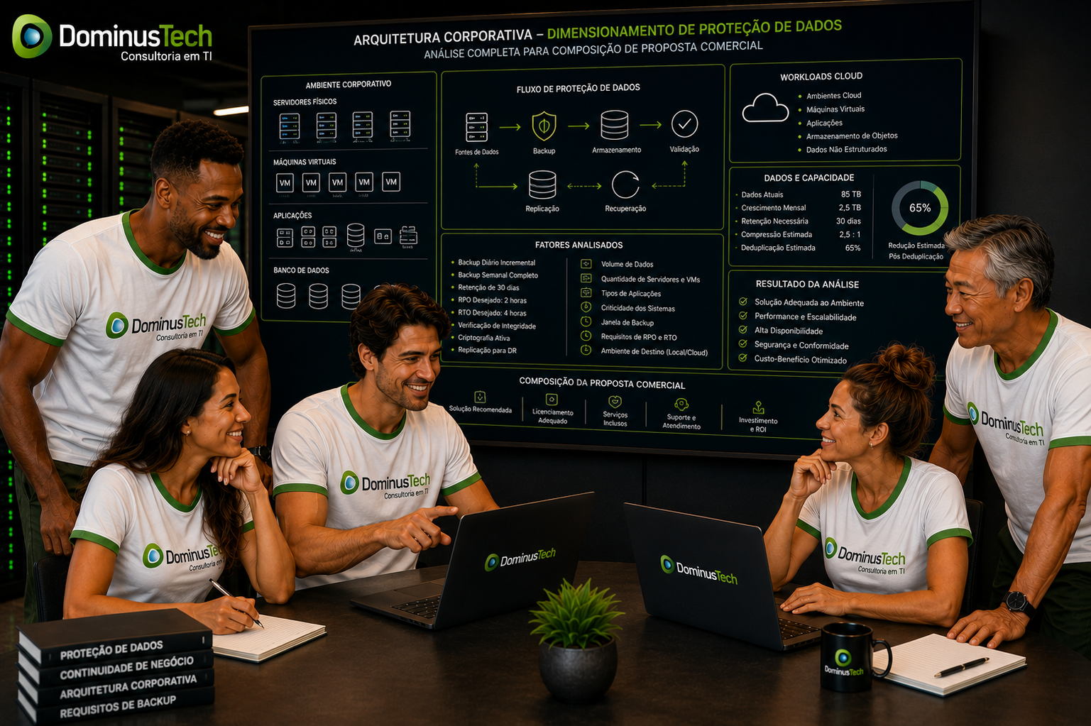 Equipe da Dominus Tech analisando uma arquitetura corporativa de proteção de dados com servidores, máquinas virtuais, aplicações, bancos de dados, workloads cloud e requisitos de backup.