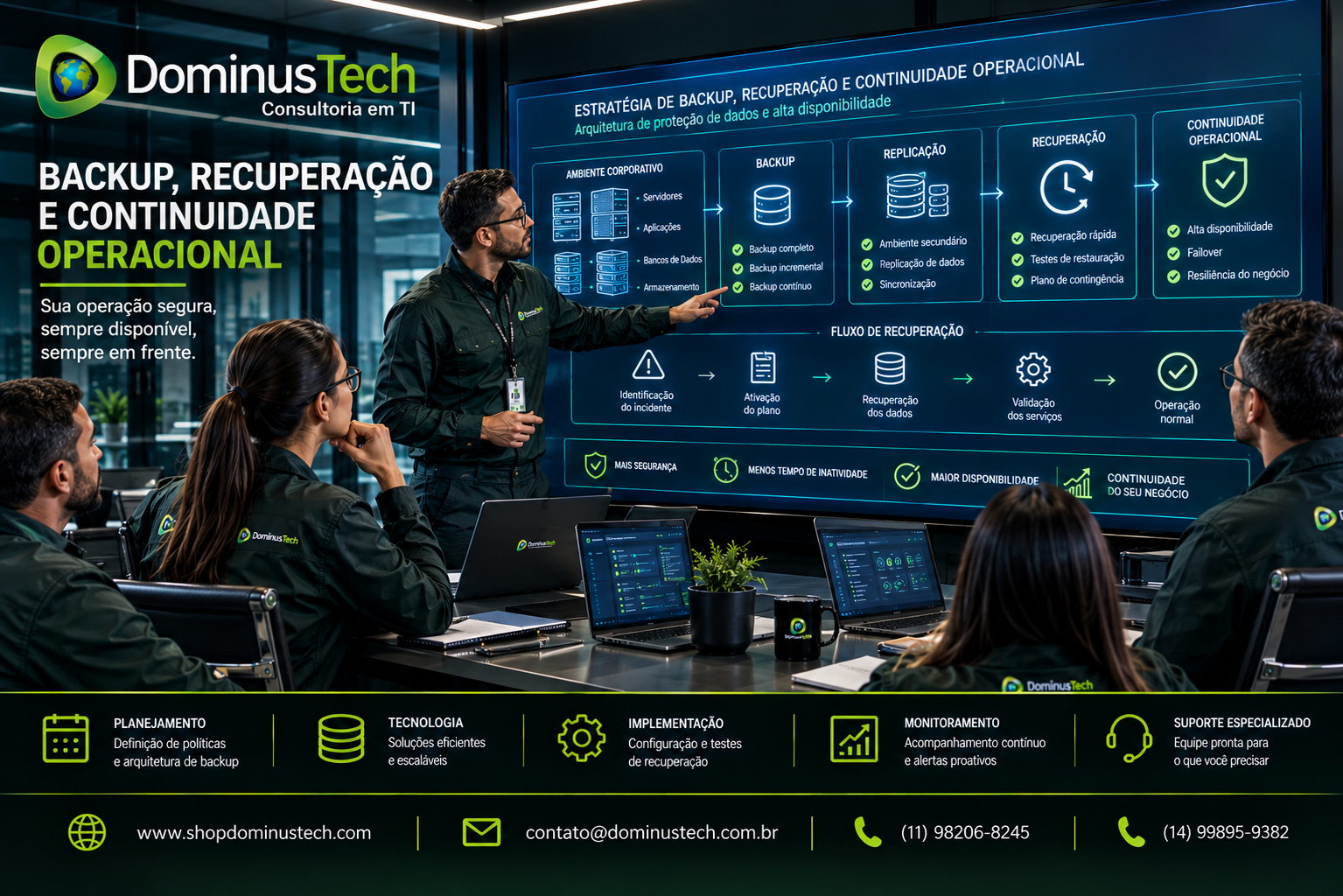 Equipe Dominus Tech apresentando estratégia de backup, recuperação e continuidade operacional para gestores de uma empresa