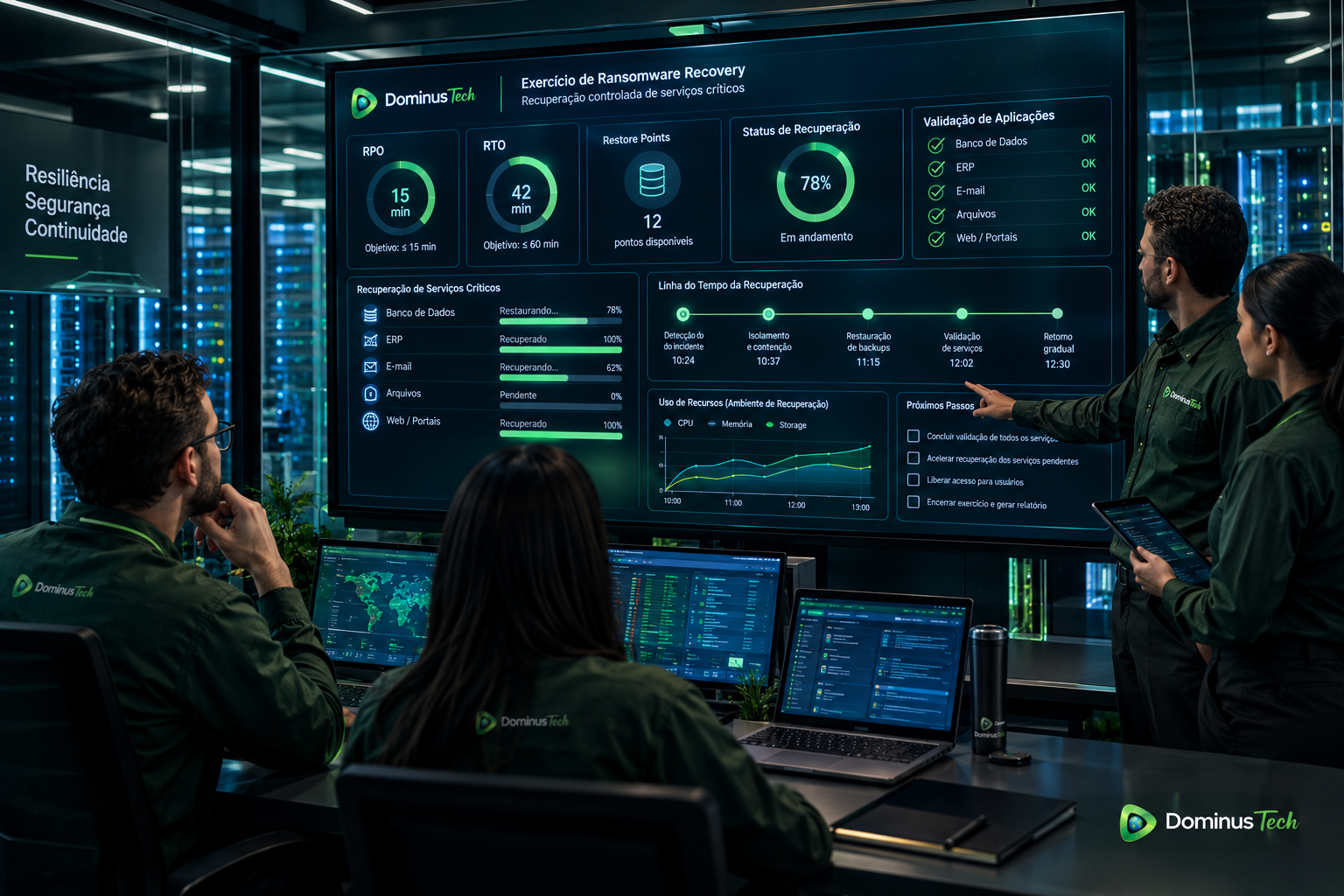 Equipe da Dominus Tech acompanhando exercício de ransomware recovery com indicadores de RPO, RTO, pontos de recuperação e validação de aplicações. Veeam Ransomware Recovery