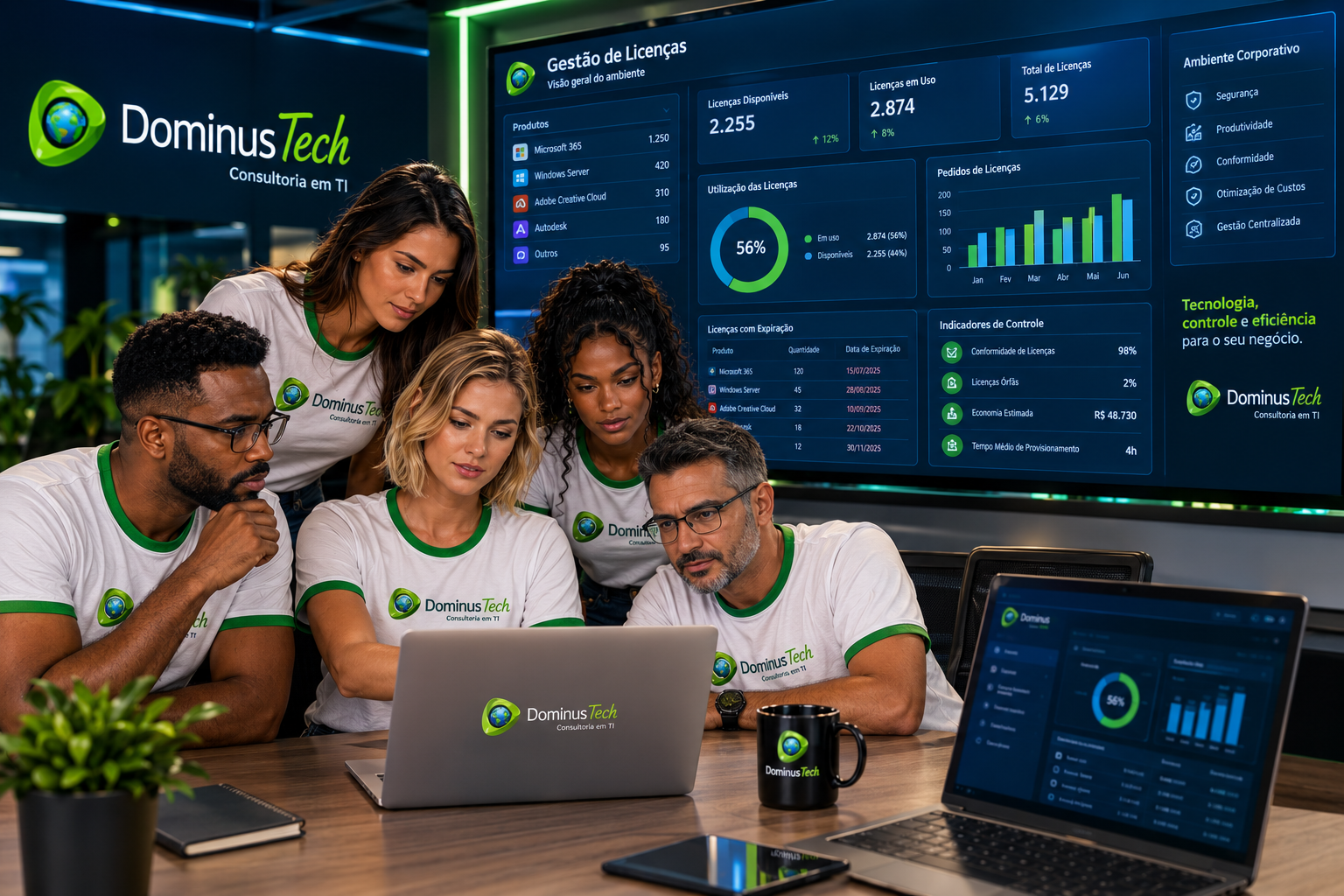 Equipe da Dominus Tech analisando ambiente corporativo de gerenciamento de licenças de software com dashboards de utilização, disponibilidade e expiração. Arcserve License Portal