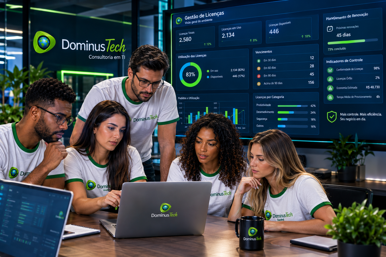 Equipe da Dominus Tech analisando licenças, pedidos, utilização e datas de vencimento em dashboards corporativos. Arcserve License Portal