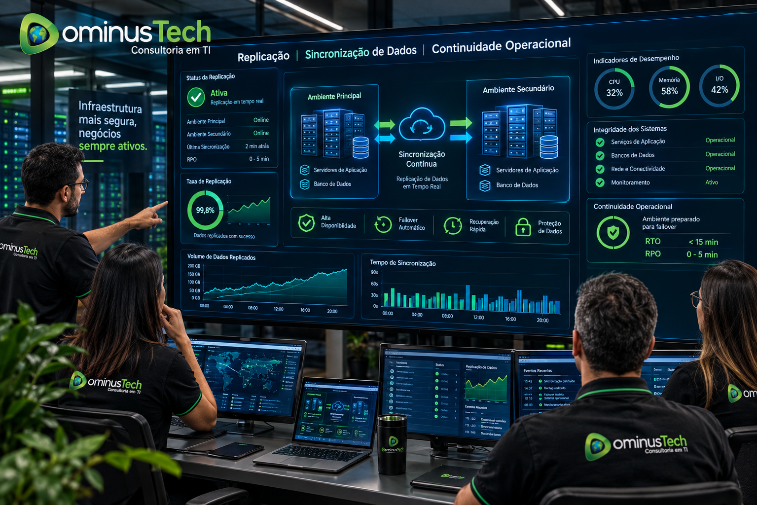 Profissionais da Dominus Tech acompanhando indicadores de replicação, sincronização de dados e continuidade operacional em uma infraestrutura corporativa. Arcserve Replication