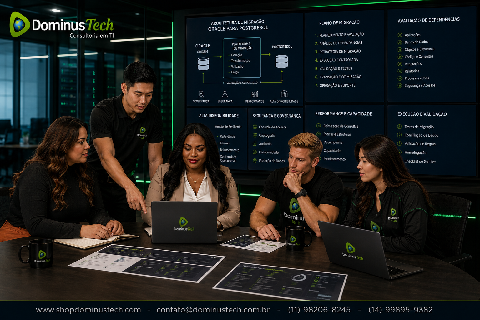 Equipe da Dominus Tech analisando arquitetura corporativa de banco de dados com servidores, replicação, alta disponibilidade, backup, monitoramento e suporte técnico.