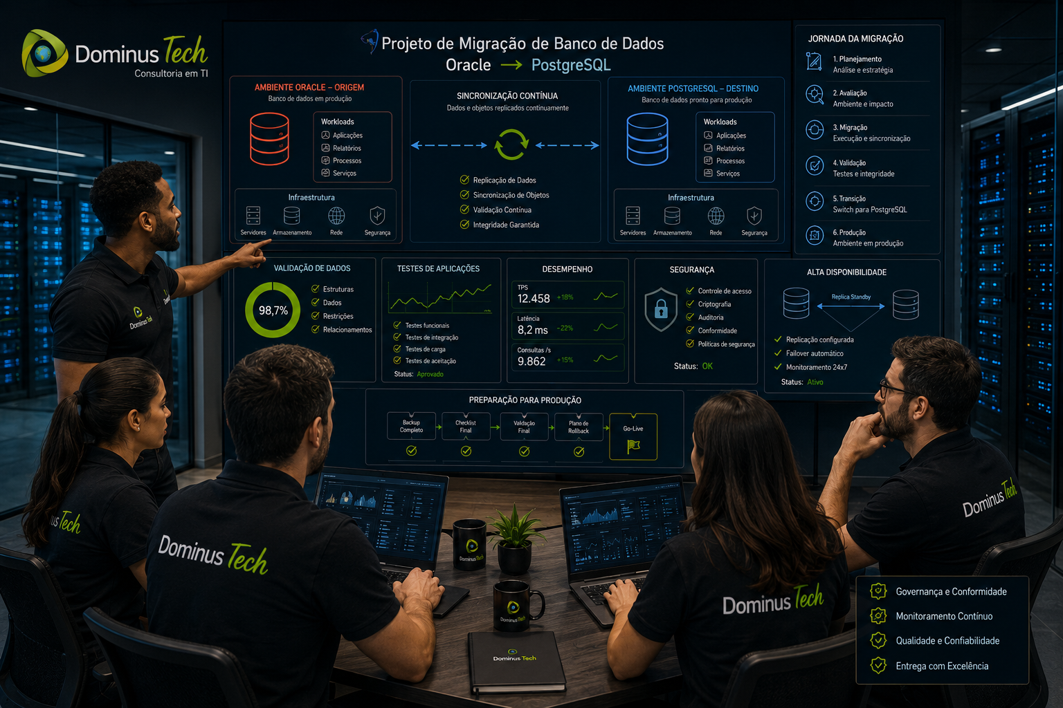 Equipe técnica da Dominus Tech analisando uma arquitetura corporativa de migração de Oracle para PostgreSQL, com ambientes de banco de dados, sincronização, validação, testes de aplicações, desempenho, segurança e alta disponibilidade.