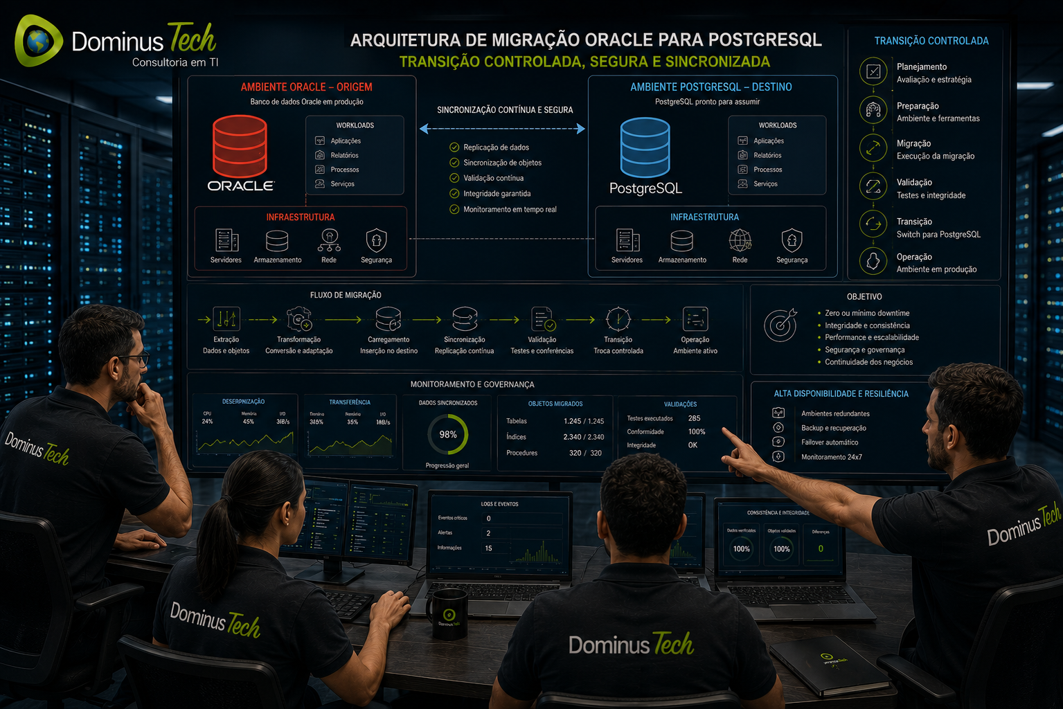 Equipe técnica da Dominus Tech analisando uma arquitetura corporativa de migração de banco de dados Oracle para PostgreSQL, com ambientes sincronizados, infraestrutura empresarial e transição controlada.