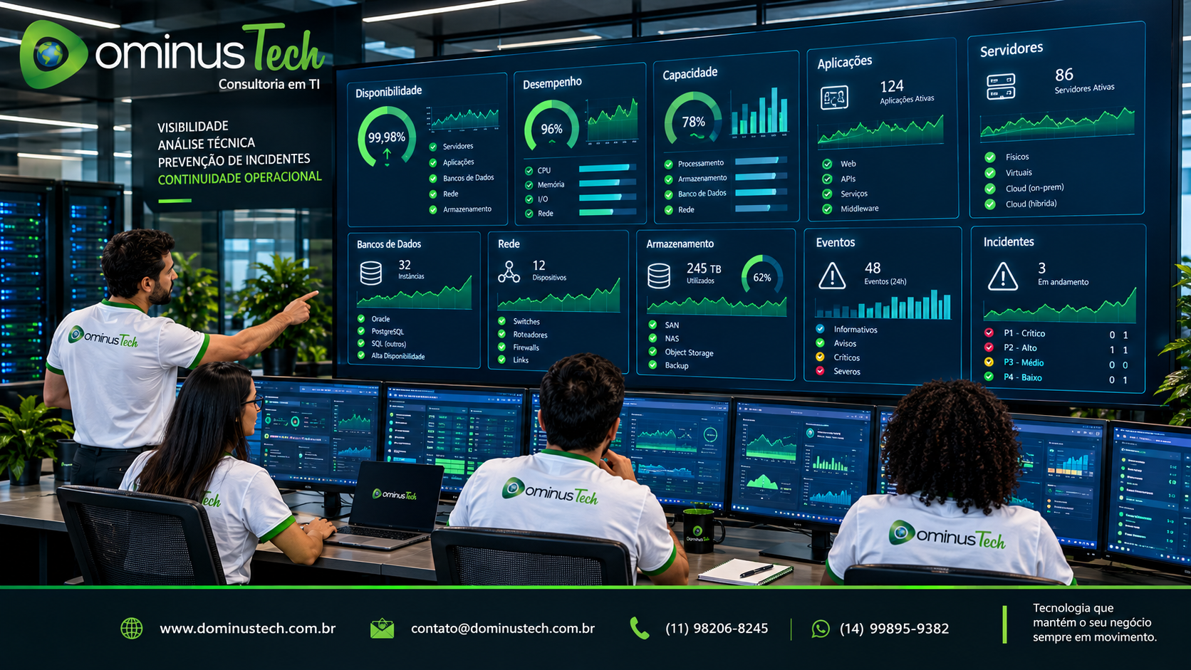 Equipe da Dominus Tech analisando painéis de monitoramento e observabilidade de TI, acompanhando disponibilidade, desempenho, capacidade, aplicações, servidores, bancos de dados, rede e eventos operacionais.