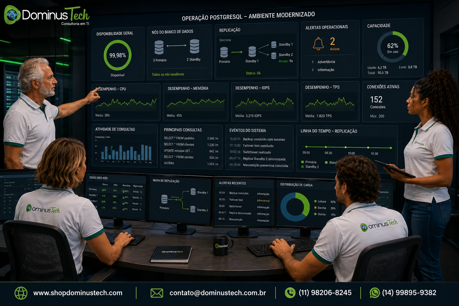 Equipe técnica da Dominus Tech acompanhando a operação de uma plataforma PostgreSQL modernizada, com painéis de disponibilidade, desempenho, replicação, capacidade e alertas operacionais.