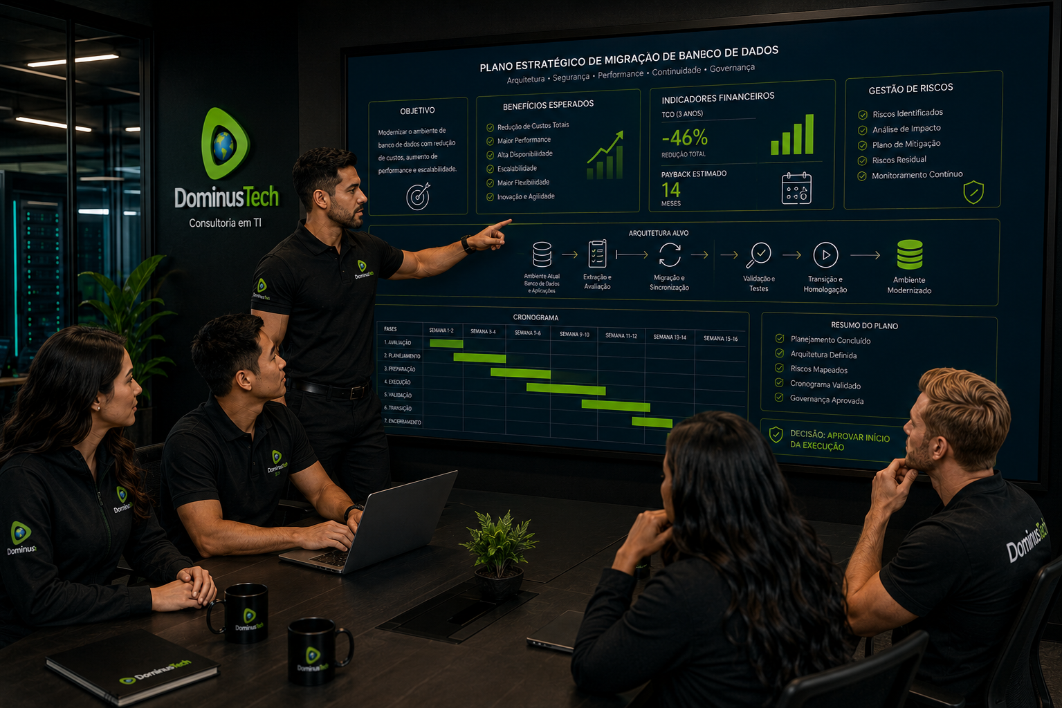 Equipe da Dominus Tech analisando planejamento estratégico de migração de banco de dados com indicadores de custos, riscos, arquitetura e cronograma.
