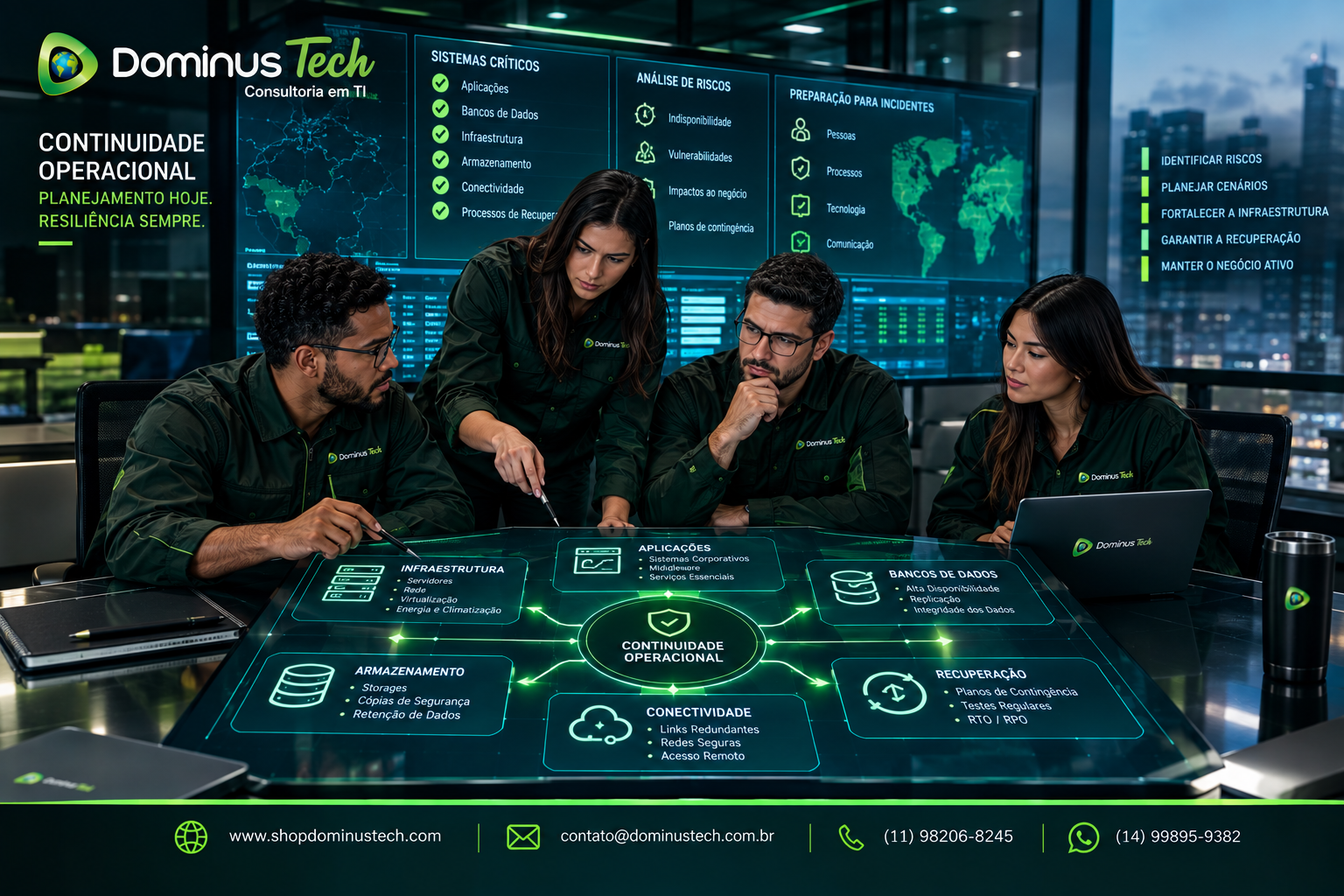 Equipe Dominus Tech analisando plano corporativo de continuidade operacional e recuperação