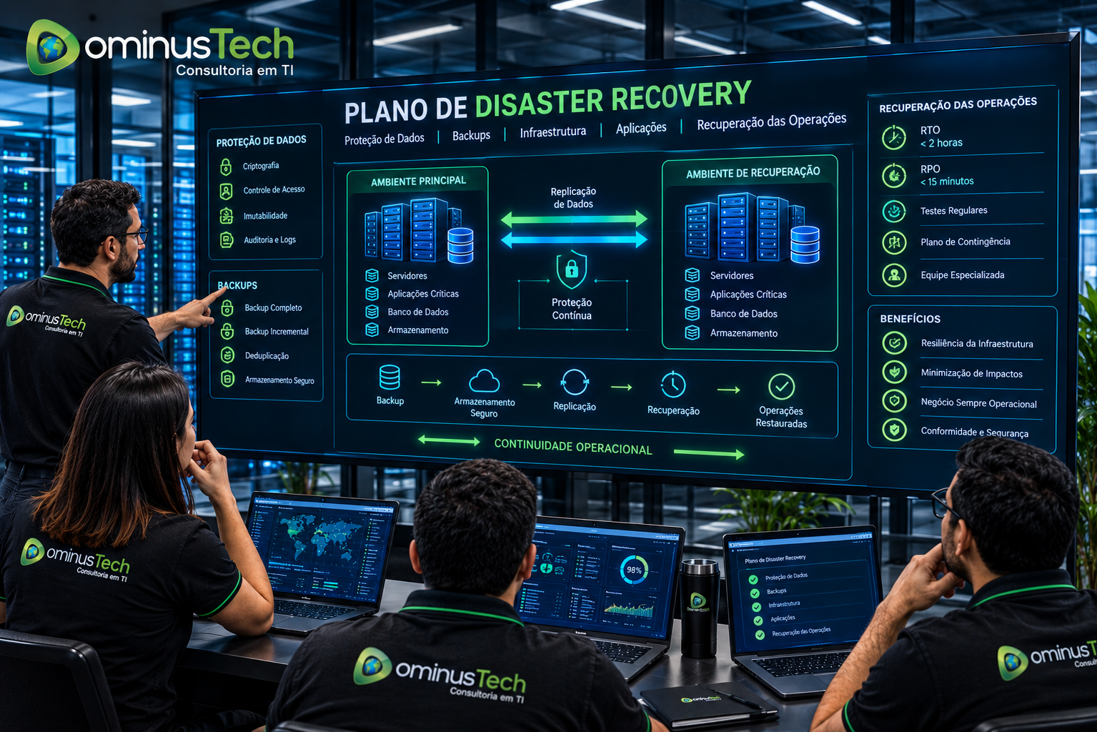 Equipe da Dominus Tech analisando um Plano de Disaster Recovery corporativo, com arquitetura conceitual de proteção de dados, backups, servidores, aplicações e recuperação das operações.