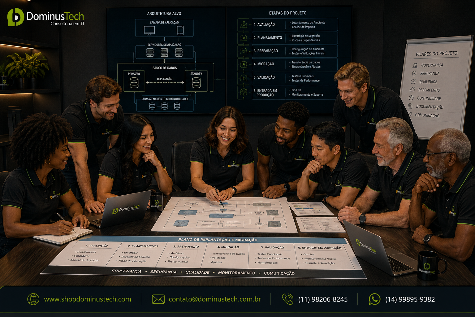 Equipe técnica da Dominus Tech reunida em ambiente corporativo, analisando plano de implantação e migração de banco de dados, arquitetura, validação, governança, segurança e entrada em produção. Consultoria EnterpriseDB