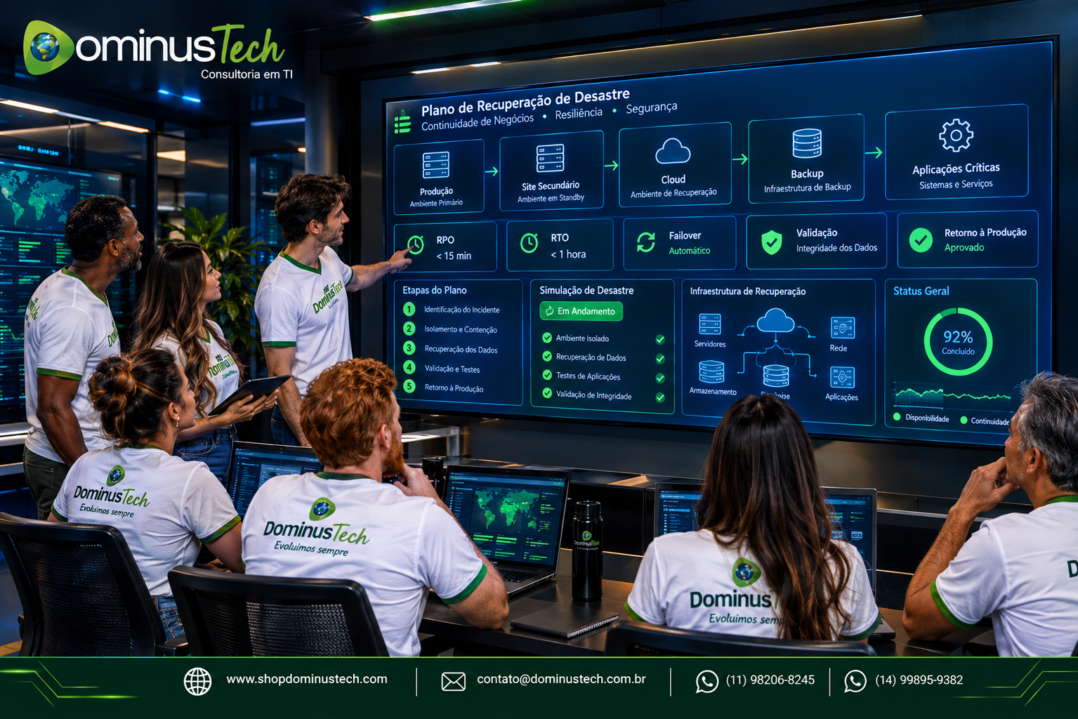 Equipe Dominus Tech analisando plano de Disaster Recovery com RPO, RTO, failover e retorno à produção