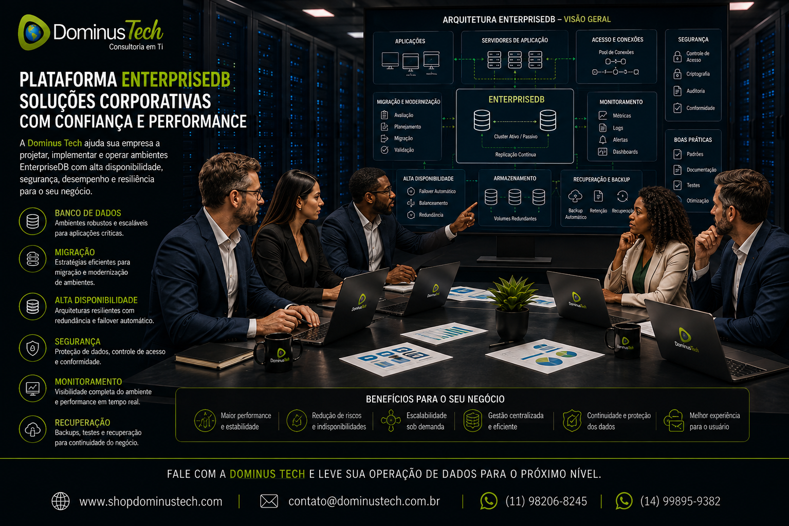 Equipe da Dominus Tech reunida em ambiente corporativo de tecnologia, analisando uma arquitetura EnterpriseDB com servidores, banco de dados, migração, alta disponibilidade, segurança, monitoramento e recuperação.