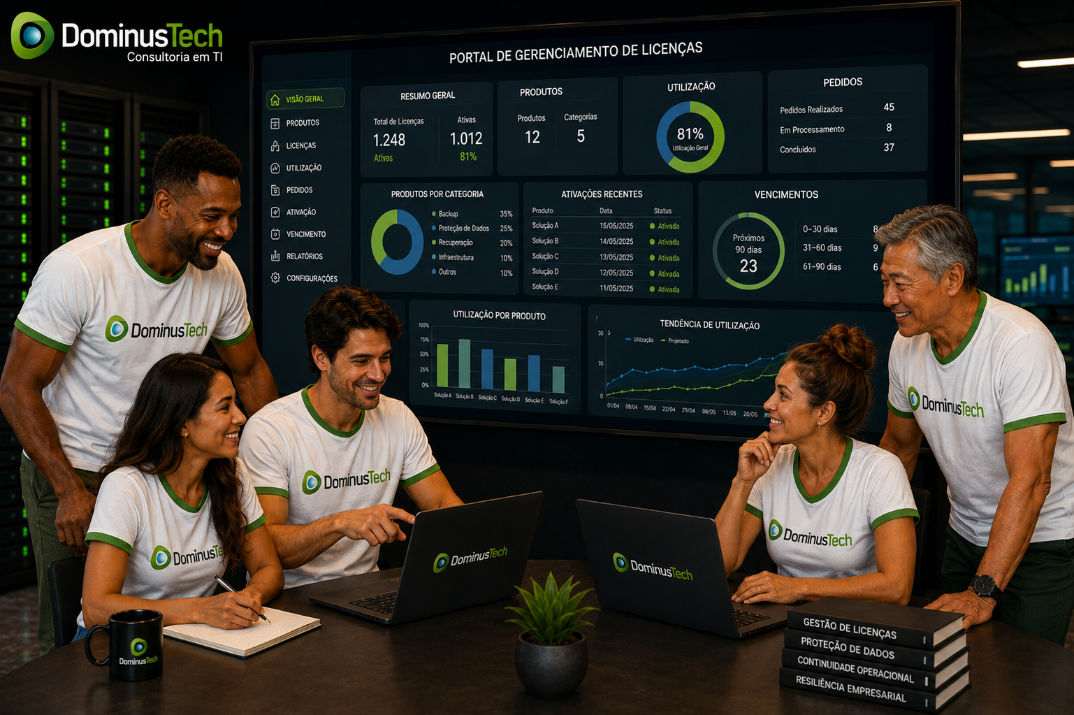 Equipe da Dominus Tech analisando um portal de gerenciamento de licenças com indicadores de produtos, utilização, pedidos, ativação e vencimento em um centro de tecnologia corporativo.