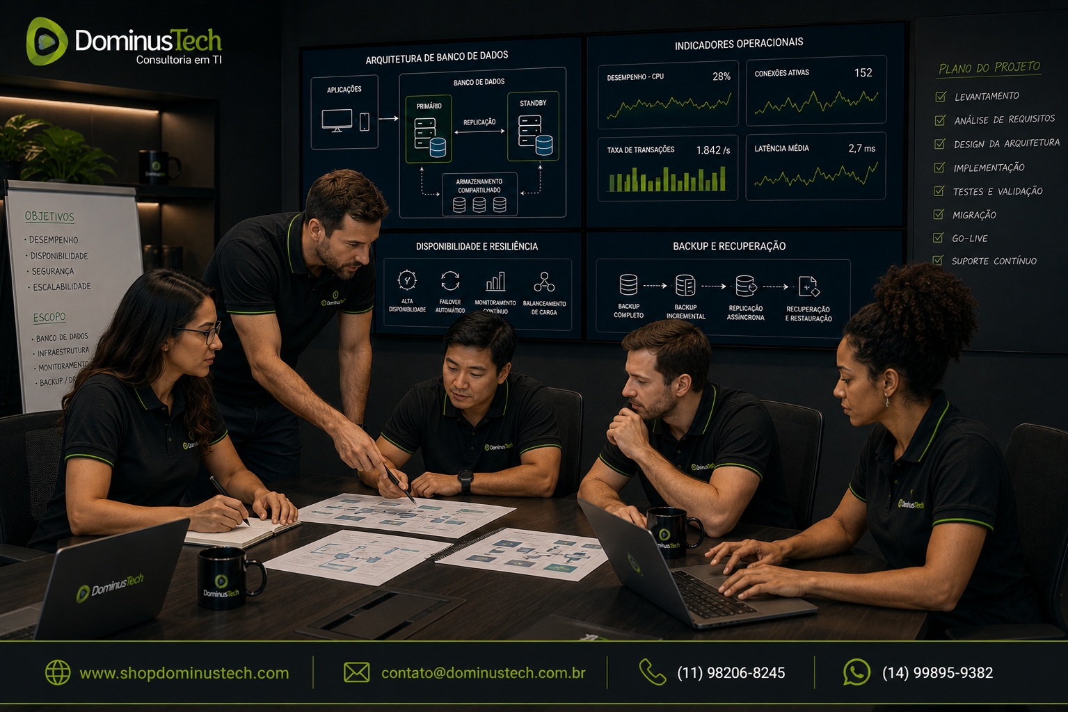 Equipe técnica da Dominus Tech trabalhando em conjunto em um projeto corporativo de banco de dados, analisando documentação, arquitetura, indicadores operacionais, disponibilidade, segurança, backup e recuperação. Parceiro Gold EnterpriseDB