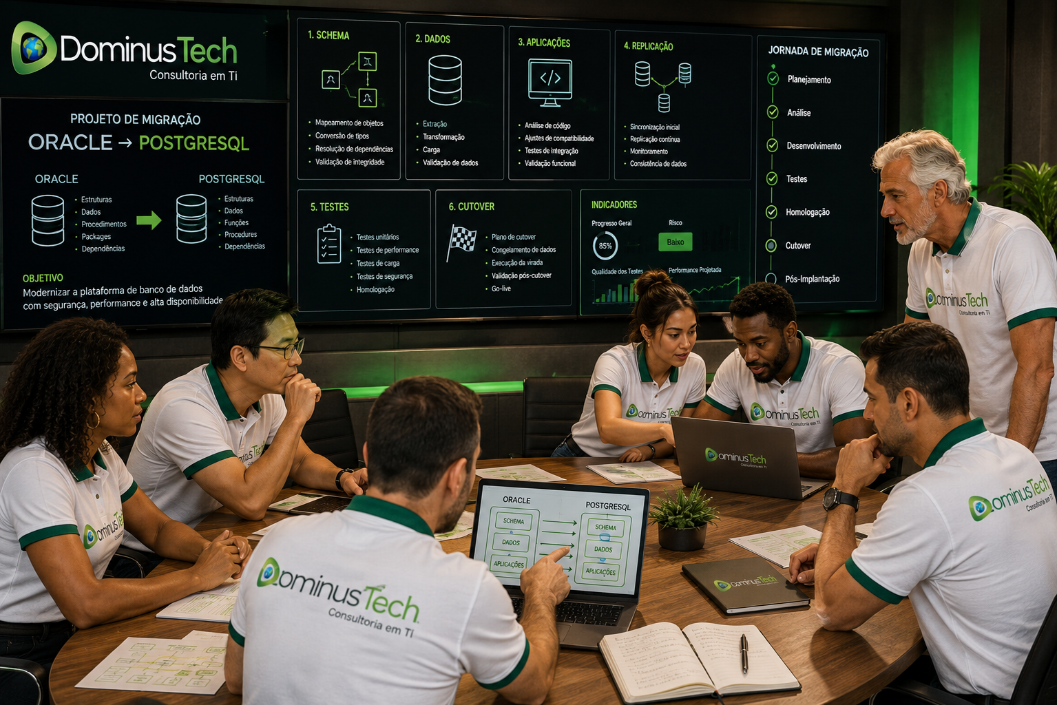 Equipe Dominus Tech reunida em ambiente corporativo analisando um projeto de migração e arquitetura de infraestrutura de TI.