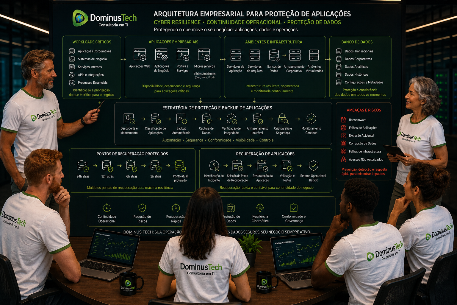 Equipe da Dominus Tech analisando arquitetura empresarial para proteção de aplicações, workloads, servidores, bancos de dados e pontos de recuperação.