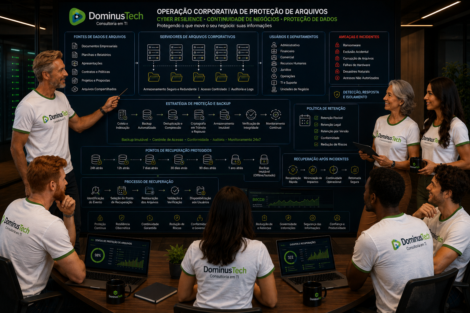 Equipe da Dominus Tech acompanhando uma operação corporativa de proteção de arquivos, backup, retenção e recuperação de dados.