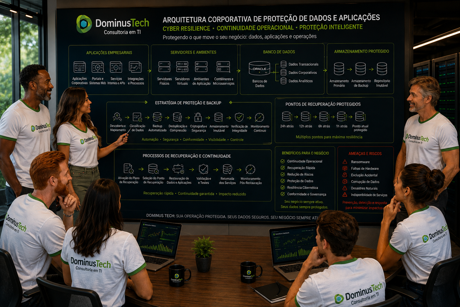 Equipe da Dominus Tech analisando arquitetura corporativa de proteção de bancos de dados e aplicações com backup, recuperação e continuidade operacional