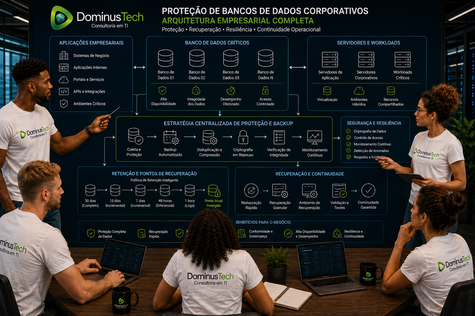 Equipe da Dominus Tech analisando arquitetura corporativa para proteção, backup e recuperação de bancos de dados