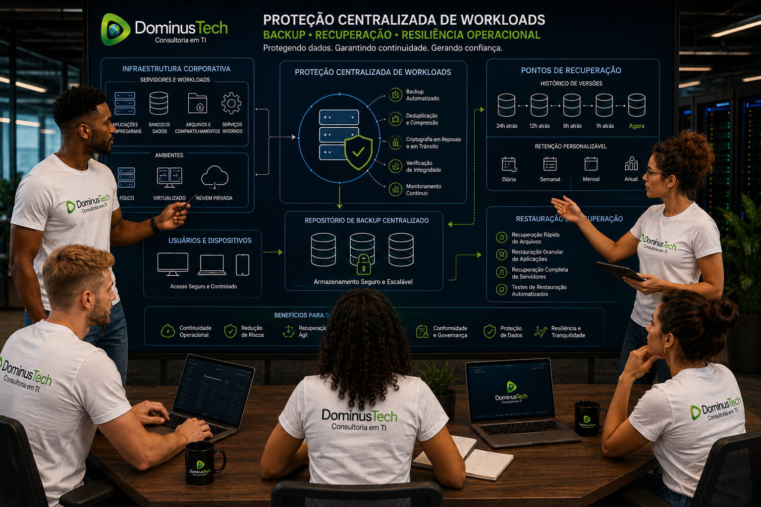 Profissionais da Dominus Tech analisando uma infraestrutura corporativa com proteção centralizada de workloads, backup, pontos de recuperação e processos de restauração.