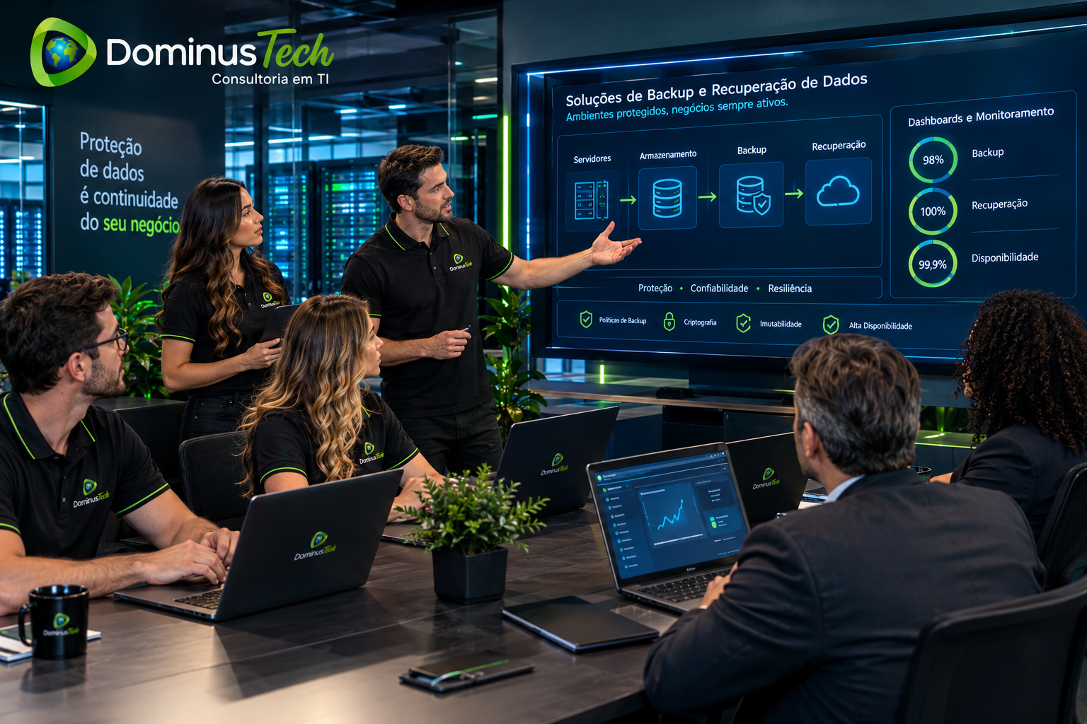 Equipe da Dominus Tech reunida com profissionais de uma empresa, analisando estratégias de proteção de dados, backup, recuperação e armazenamento seguro. Comprar Arcserve
