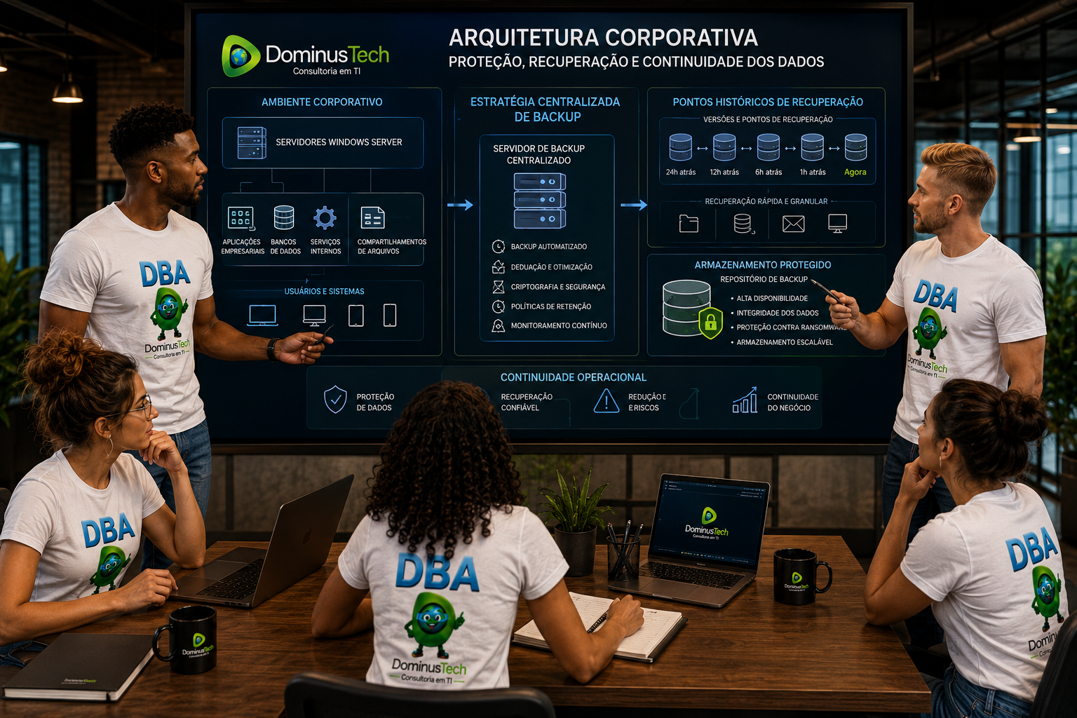 Equipe da Dominus Tech analisando arquitetura corporativa de backup, recuperação de dados e continuidade operacional em ambiente empresarial.