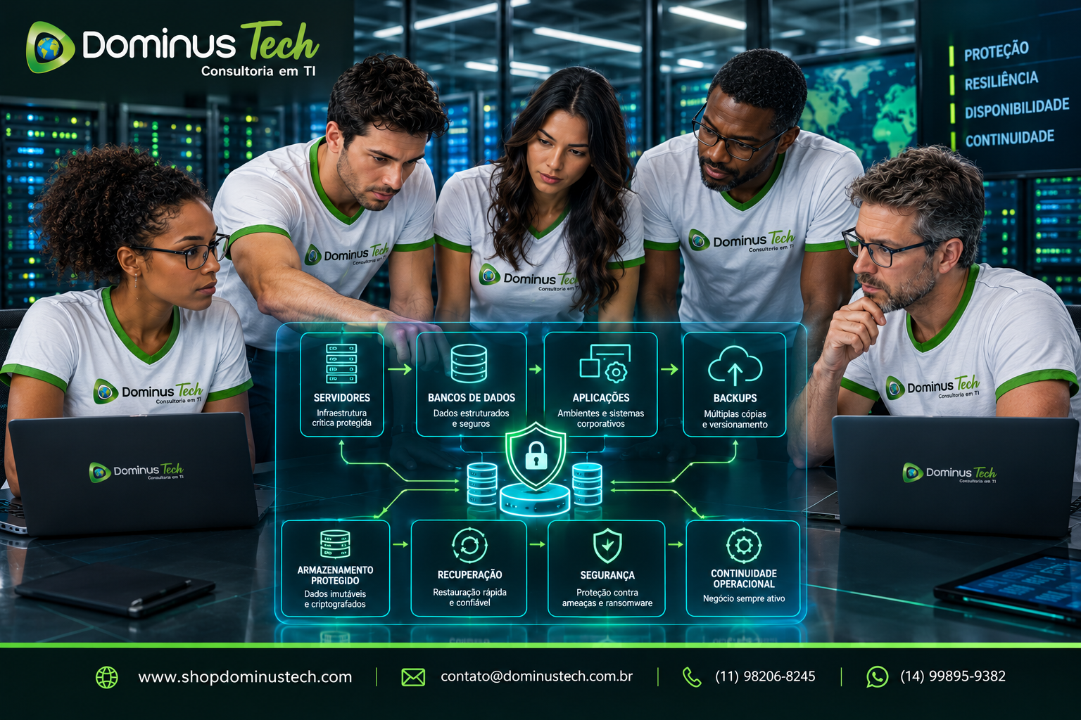 Equipe Dominus Tech analisando ambiente corporativo de proteção de dados, backups, segurança e continuidade operacional