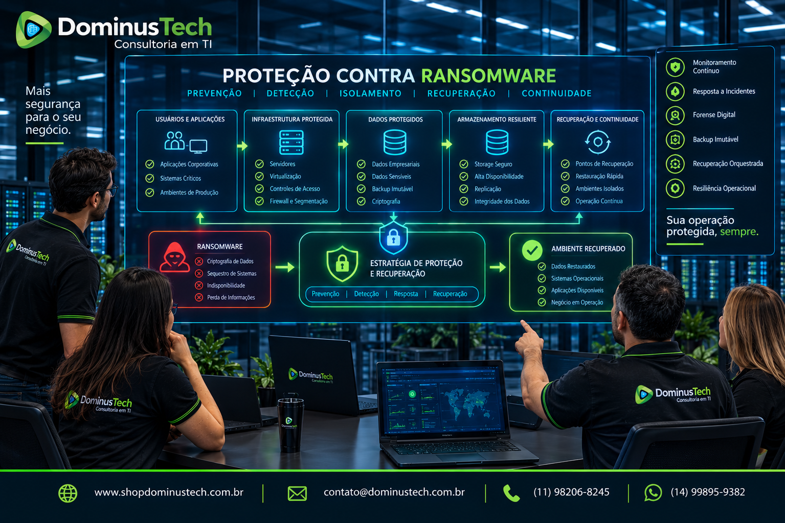 Equipe da Dominus Tech analisando uma arquitetura corporativa de proteção contra ransomware, com servidores, dados protegidos, armazenamento resiliente e camadas de recuperação.