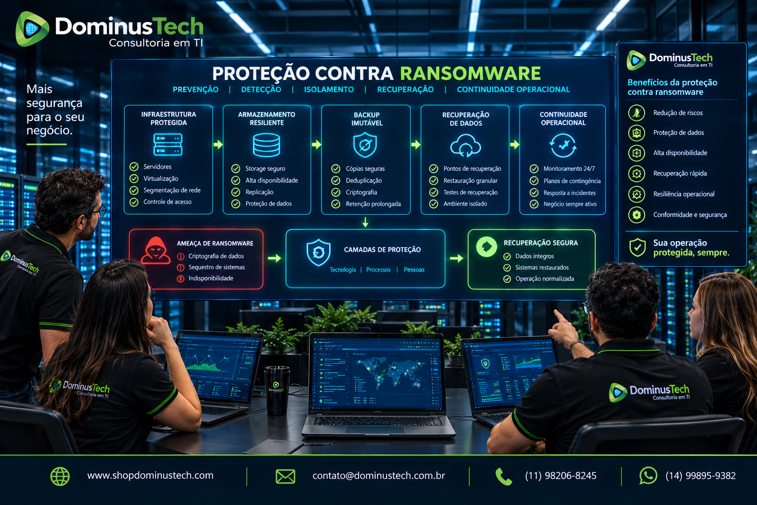 Equipe da Dominus Tech analisando uma arquitetura corporativa de proteção contra ransomware, com servidores protegidos, armazenamento resiliente, backup imutável, recuperação de dados e continuidade operacional. Arcserve OneXafe contra Ransomware