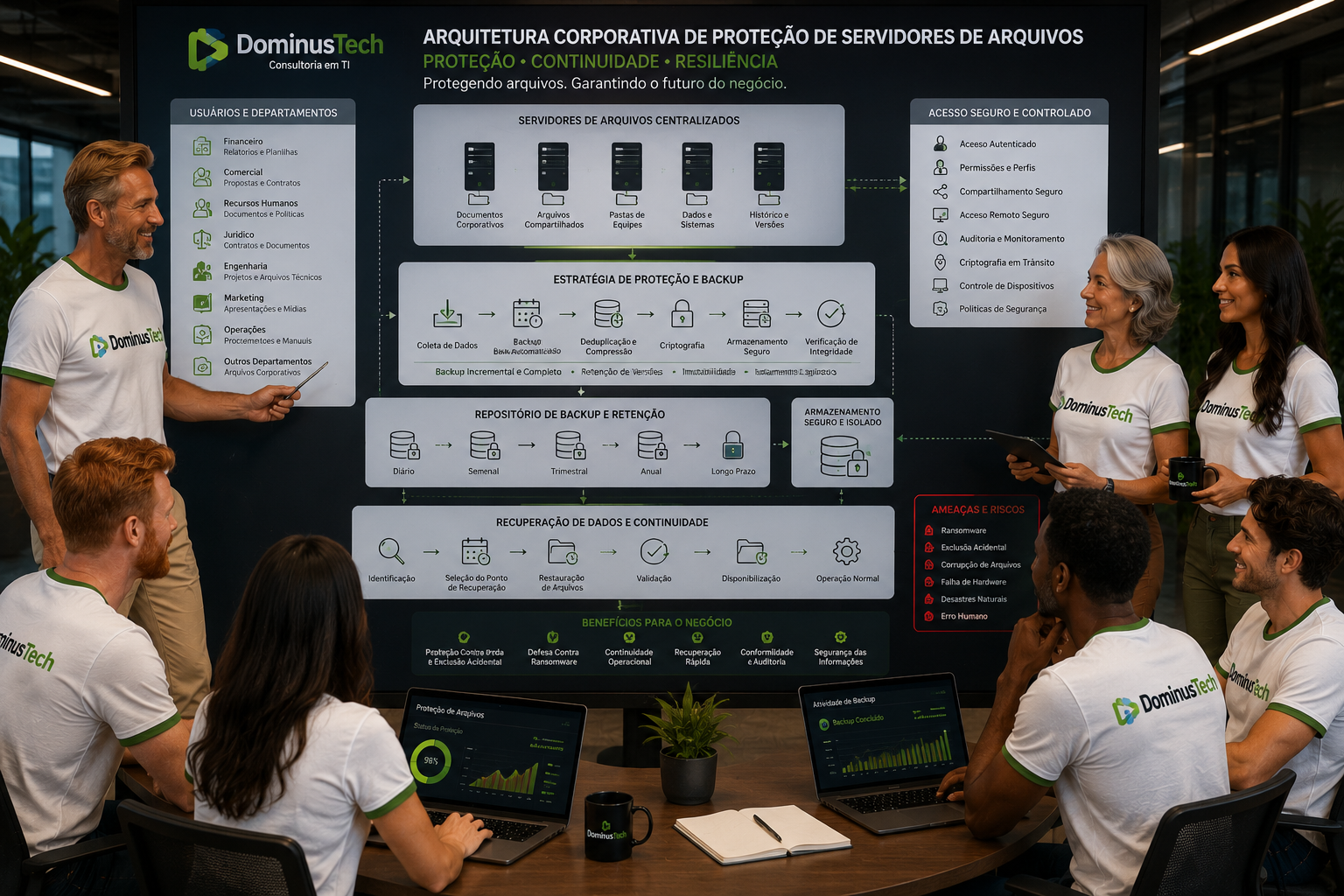 Equipe da Dominus Tech analisando arquitetura corporativa de proteção de servidores de arquivos, backup e recuperação de dados.