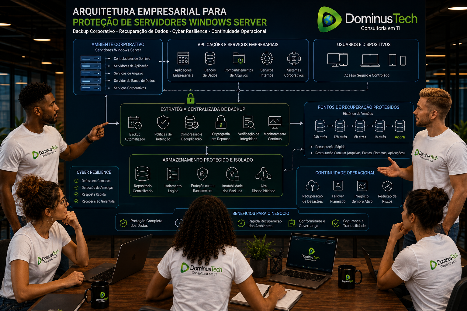 Equipe da Dominus Tech analisando arquitetura empresarial para proteção de servidores Windows Server, backup, recuperação de dados e continuidade operacional.